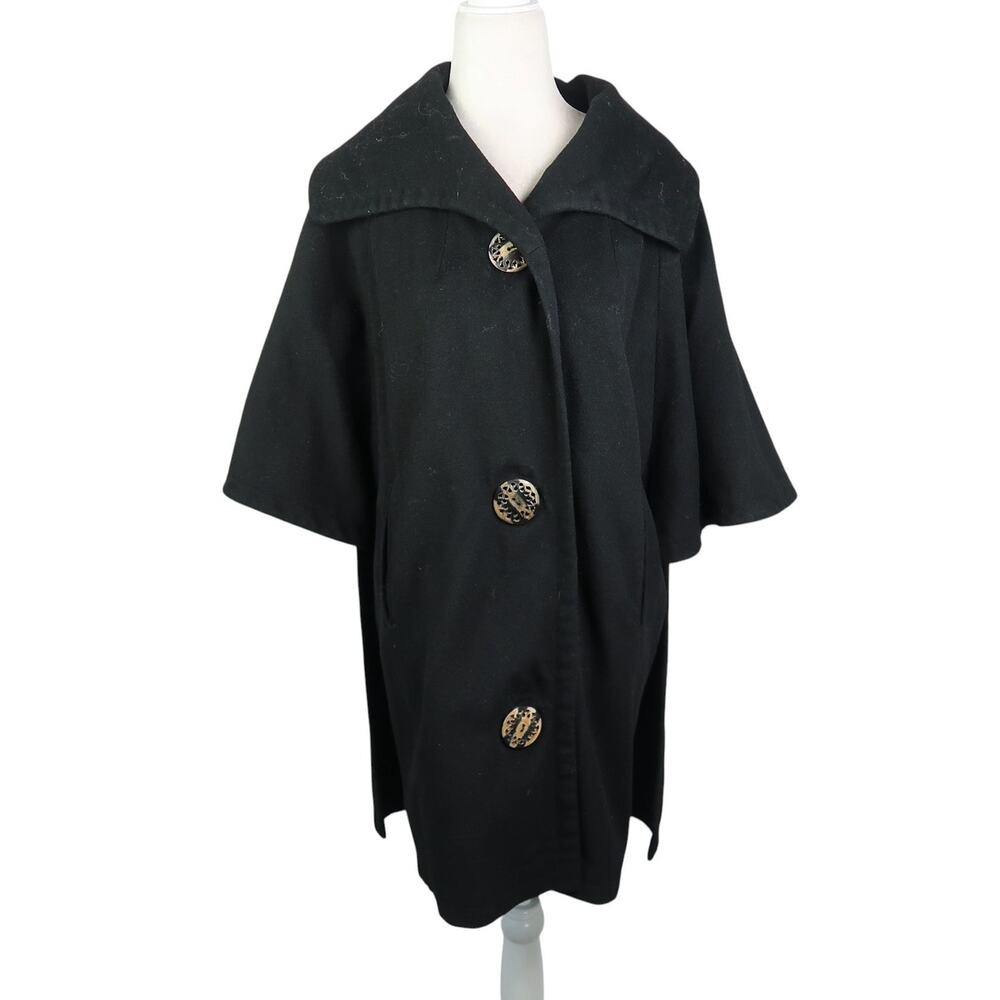 Vintage 90s Black Wool Cape Coat Mid Length